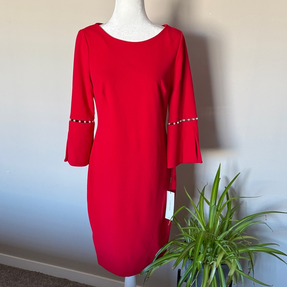 Calvin Klein NEW Red‎ Scuba crepe Dress w pearl details SZ 10 holiday valentines